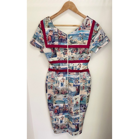 KITTEN D'AMOUR 'By The Seaside' Print Retro Wiggle Dress & Jacket Set Size 10 12 - Picture 6 of 16